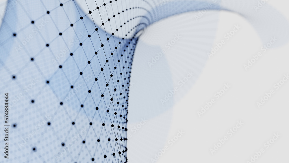 Poster matrix of abstract geometry with blue lines and dots waving and twisting. 3d illustration, rendering