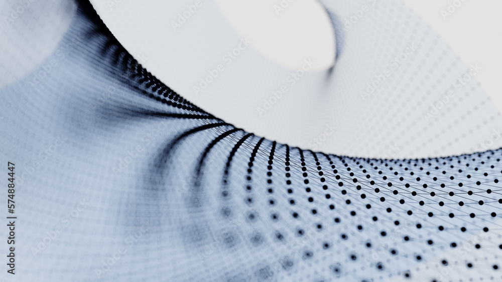 Poster matrix of abstract geometry with blue lines and dots waving and twisting. 3d illustration, rendering