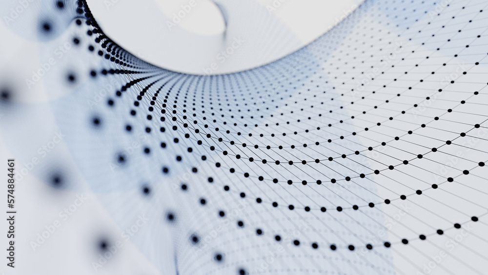 Aufkleber matrix of abstract geometry with blue lines and dots waving and twisting. 3d illustration, rendering