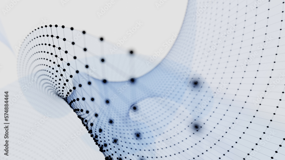 Poster matrix of abstract geometry with blue lines and dots waving and twisting. 3d illustration, rendering