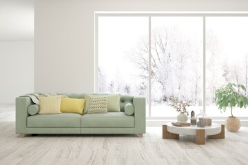 White living room with sofa and winter landscape in window. Scandinavian interior design. 3D illustration