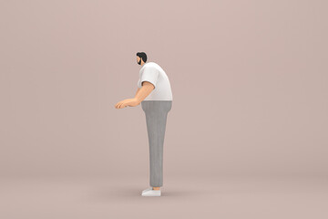 Obraz premium The man with beard wearinggray corduroy pants and white collar t-shirt. He is expression of hand when talking. 3d rendering of cartoon character in acting.