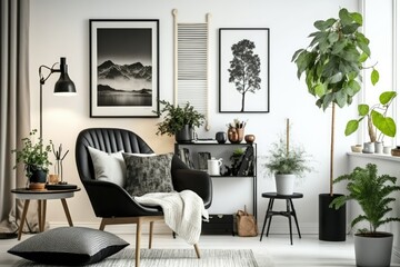 Modern Scandinavian living room with a design stool, black mock-up poster frames, an armchair, a wooden stool, a book, decorations, plants, and personal stuff. Generative AI
