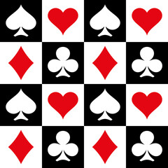 Seamless pattern of card suits. A symbol of a deck of playing cards or gambling games (poker, bridge). Four card suits: spades, hearts, diamonds and clubs.