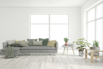 White living room with sofa. Scandinavian interior design. 3D illustration