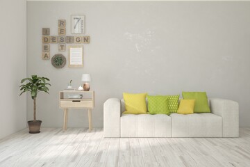 White living room with sofa. Scandinavian interior design. 3D illustration