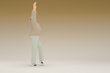 A man with glasses wearing brown cloth.  He is doing exercise.  3d rendering of cartoon character in acting.