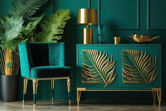 An upholstered chair and a palm leaf on a contemporary teal sideboard with drawers in an opulent green living room with golden accents. Generative AI