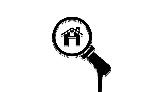 Black Search house icon isolated on white background. Real estate symbol of a house under magnifying glass. 4K Video motion graphic animation