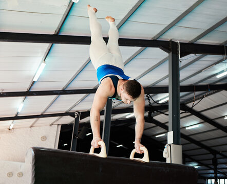 Man, acrobat and gymnastics upside down in balance for fitness practice, training or workout at gym. Professional male gymnast holding up body weight in pommel horse, athletics or strength exercise