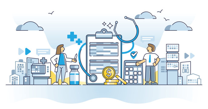 Medical billing and coding for medicine services standards outline concept. Financial codes for insurance systems from hospital as work with health care procedure standardization vector illustration.