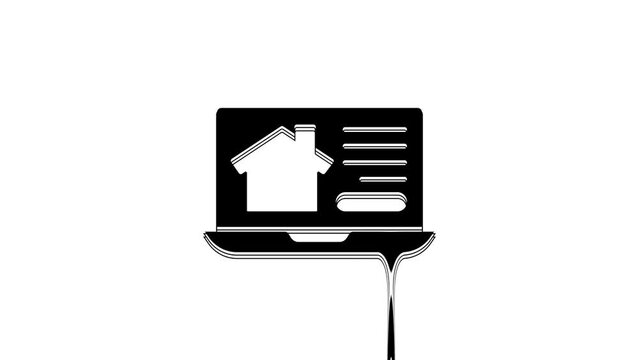 Black Online real estate house on laptop icon isolated on white background. Home loan concept, rent, buy, buying a property. 4K Video motion graphic animation