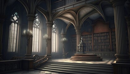 Fototapeta premium Gothic style great hall library room with big pillars, rosace and books. Generative AI