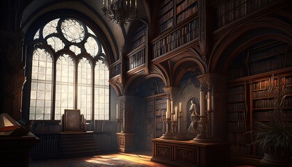 Fototapeta premium Gothic style great hall library room with big pillars, rosace and books. Generative AI