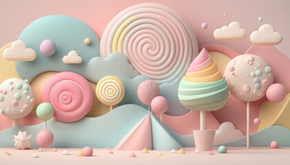 A dreamy and delightful landscape featuring a candy-colored background with soft pastel shades creates a playful and whimsical scene. Generative AI  - 574886660