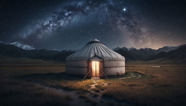 Traditional mongolian yurt on the fields at night with the milky way. Generative AI