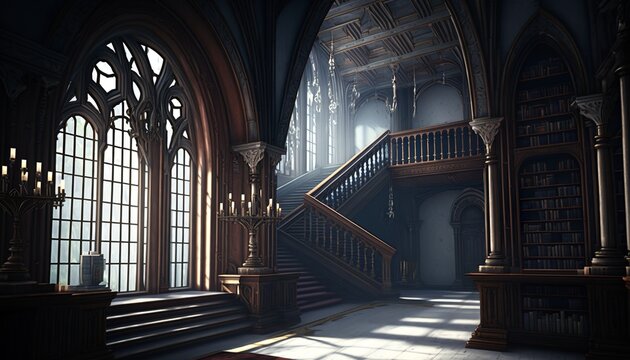 Gothic style great hall library room with big pillars, rosace and books. Generative AI