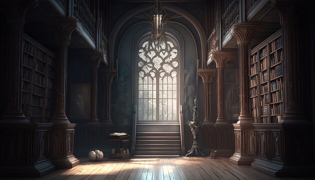 Gothic style great hall library room with big pillars, rosace and books. Generative AI