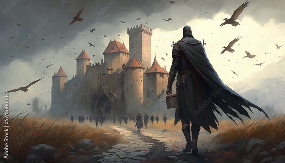 Wall mural egion marching towards the medieval castle generative ai, Conquering the Castle: Medieval Legion on the March