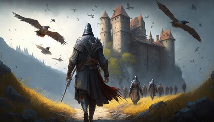 egion marching towards the medieval castle generative ai, Conquering the Castle: Medieval Legion on the March