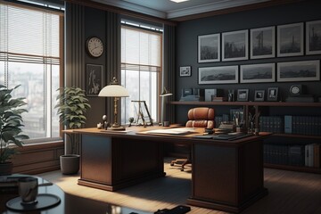 Modern office interior with leather office chair, desk and a computer on it, several documents and cabinets. Generative AI