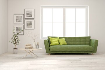 White living room with sofa. Scandinavian interior design. 3D illustration
