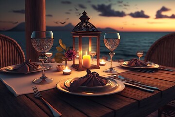 Romantic dinner table on the beach. Ai art