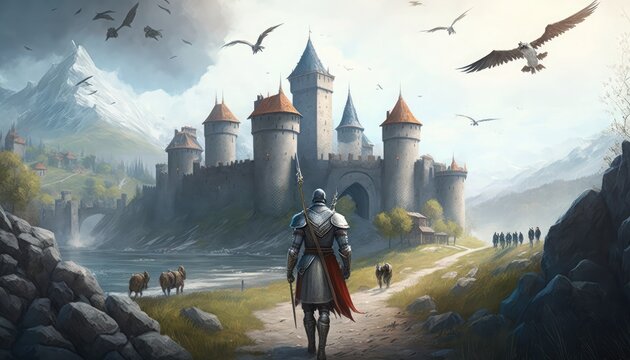 egion marching towards the medieval castle generative ai, Conquering the Castle: Medieval Legion on the March