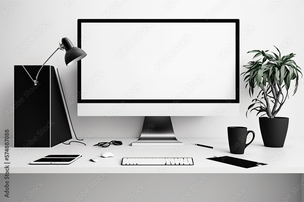 Poster workspace with mock-up of blank computer display and black screen next to white wall. display, mocku
