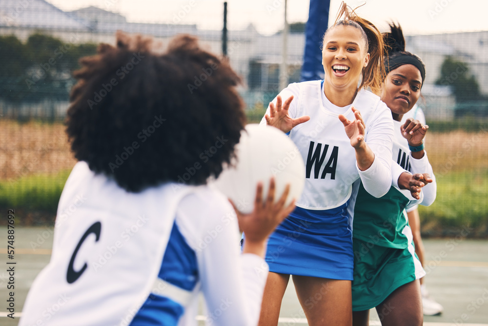 Canvas Prints Netball, sport and women in a match or game being competitive in a competition on a court as teammates. Training, fitness and female athletes happy for high school sports and exercise as a team