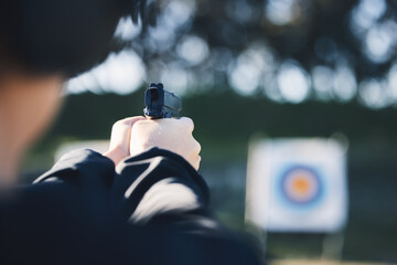 Firearm, target and person training outdoor at shooting range for game exercise or sports challenge...