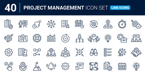 Project management line icon collection. Planning, schedule, collaboration, development and time management concept. Outline icon set.