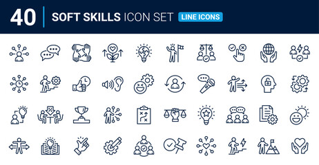 Soft skills line icon set. Containing communication, teamwork, empathy, leadership, problem-solving, creativity, time management and work ethics icons. Outline icons vector collection. - obrazy, fototapety, plakaty