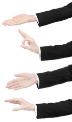 Obraz premium Collage female caucasian hands in black and white office clothes isolated white background. Set business woman hands showing different gestures. Office Style