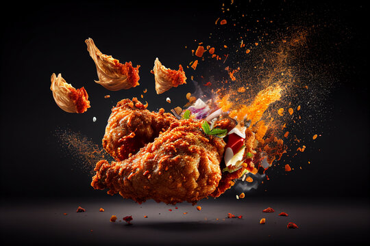Fried chicken wings Hot and spicy falling in the air steam smoke and fire on black background, image ai generate