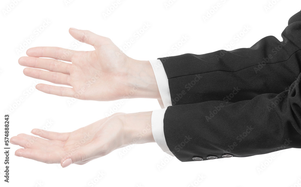 Wall mural female caucasian hands in black and white office clothes isolated white background. business woman h