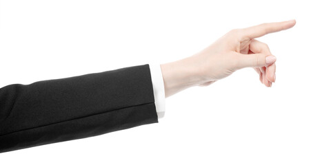 Female caucasian hands in black and white office clothes isolated white background. business woman hands showing different gestures. Office Style