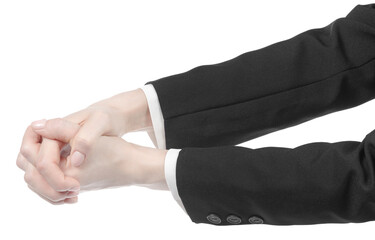 Obraz premium Female caucasian hands in black and white office clothes isolated white background. business woman hands showing different gestures. Office Style