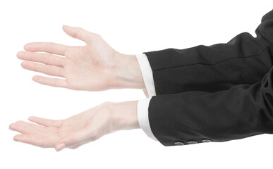 Female caucasian hands in black and white office clothes isolated white background. business woman hands showing different gestures. Office Style