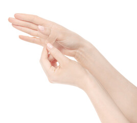 Female caucasian hands sticking medical adhesive wound plaster  isolated white background. Woman hands with surgical tape showing different gestures. first aid bandage