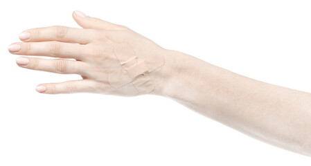 Female caucasian hands with medical adhesive wound plaster  isolated white background. Woman hands with surgical tape showing different gestures. first aid bandage