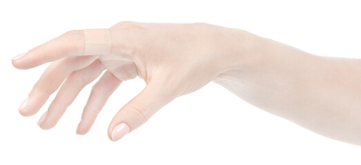 Naklejka na ściany i meble Female caucasian hands with medical adhesive wound plaster isolated white background. Woman hands with surgical tape showing different gestures. first aid bandage