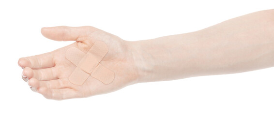 Female caucasian hands with medical adhesive wound plaster  isolated white background. Woman hands with surgical tape showing different gestures. first aid bandage