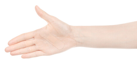 Female caucasian hands with medical adhesive wound plaster  isolated white background. Woman hands with surgical tape showing different gestures. first aid bandage