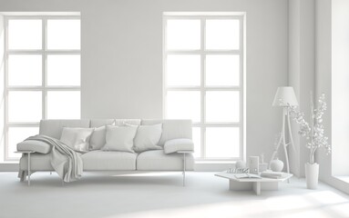 Grey living room concept with sofa. 3D illustration