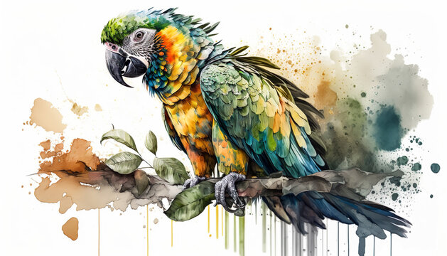 Ara Parrot Full Shot In Watercolor Isolated On White Background - Generative AI