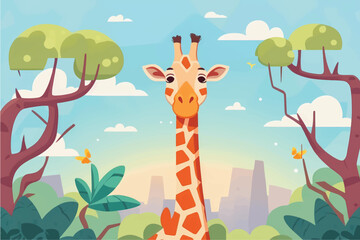 Cute Giraffe Vector Illustration with Nature Background for Kids: Adorable Safari Animal in Playful Vector Style Surrounded by Vibrant Trees and Leaves - Perfect for Children's Books, Educational Reso