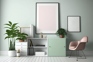 Illustration, mock-up poster with vintage pastel hipster minimalism loft interior background, wooden floor. Generative AI