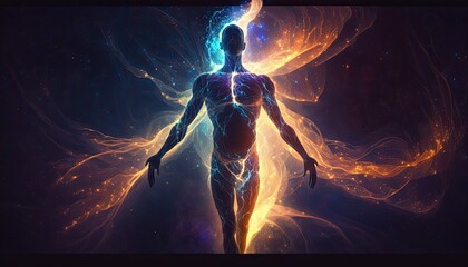 Astral Body silhouette In Cosmic Abstract Space, Representing Spiritual Connection and Meditation, Ascending Beyond, Ai, Ai Generated