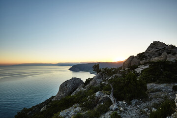 Mountains and sea at sunset. Crimea landscape. Nature background